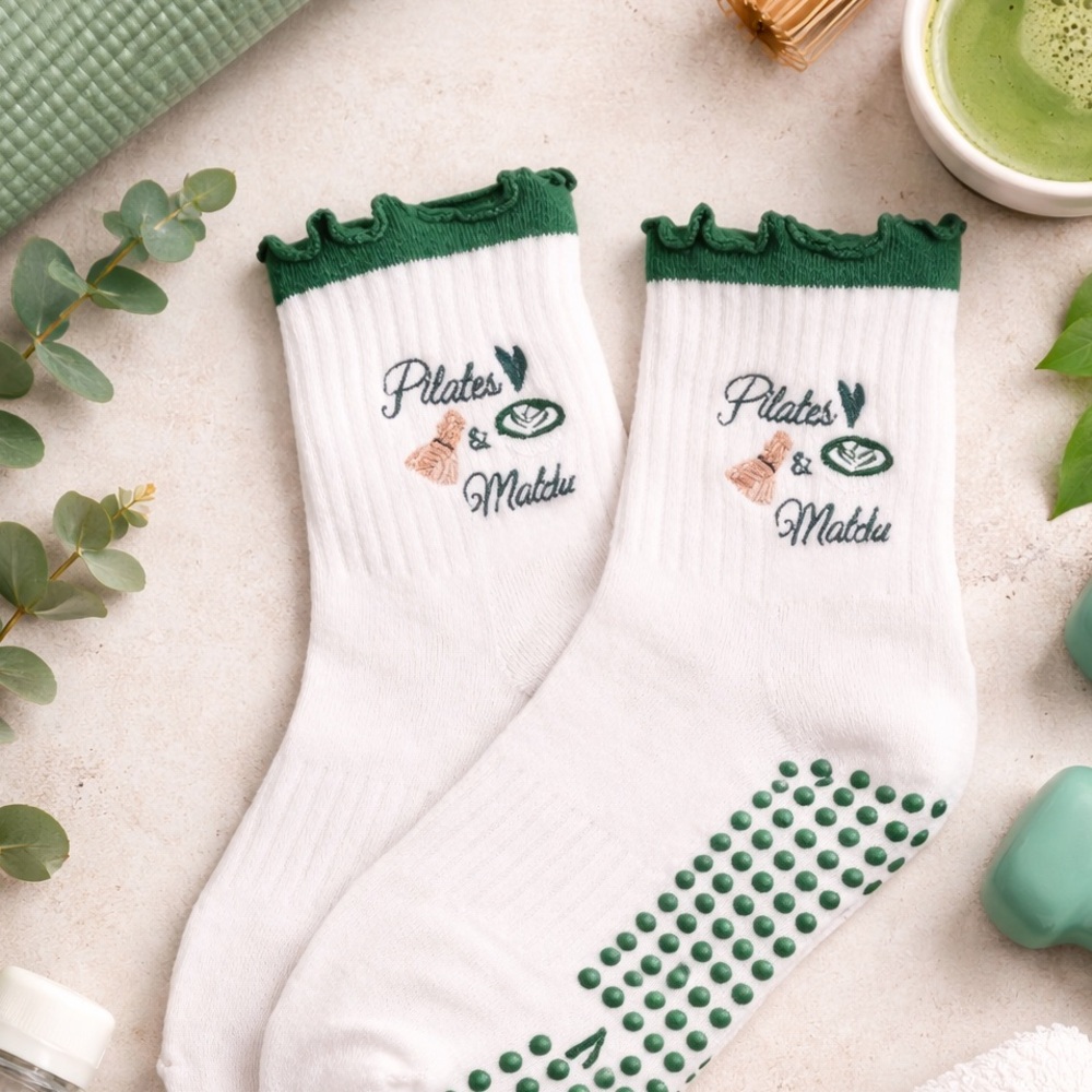 ŌRA Pilates Grip Socks | Pilates & Matcha | Non-Slip Studio Socks